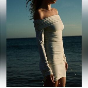 Zara Off-Shoulder Cream Long Sleeve Dress